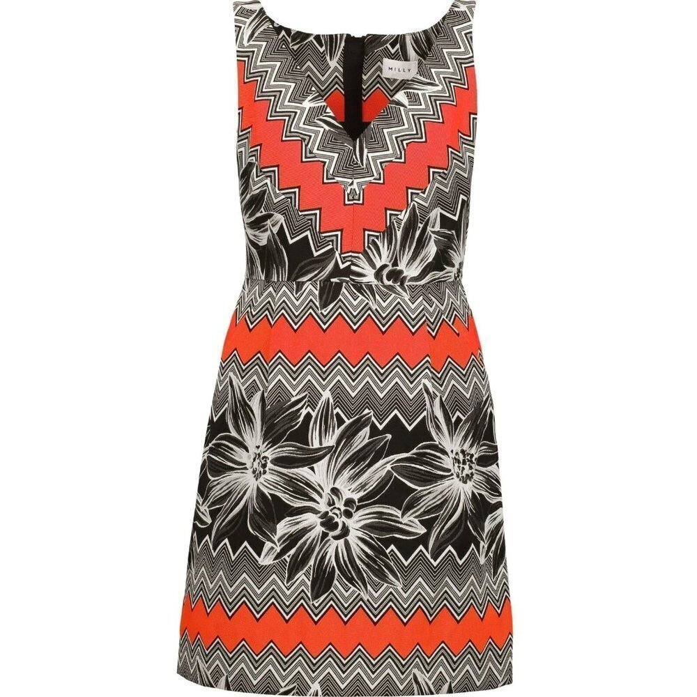 MILLY Mitered Floral Black and Orange Chevron Cotton Sleeveless Dress Size 4